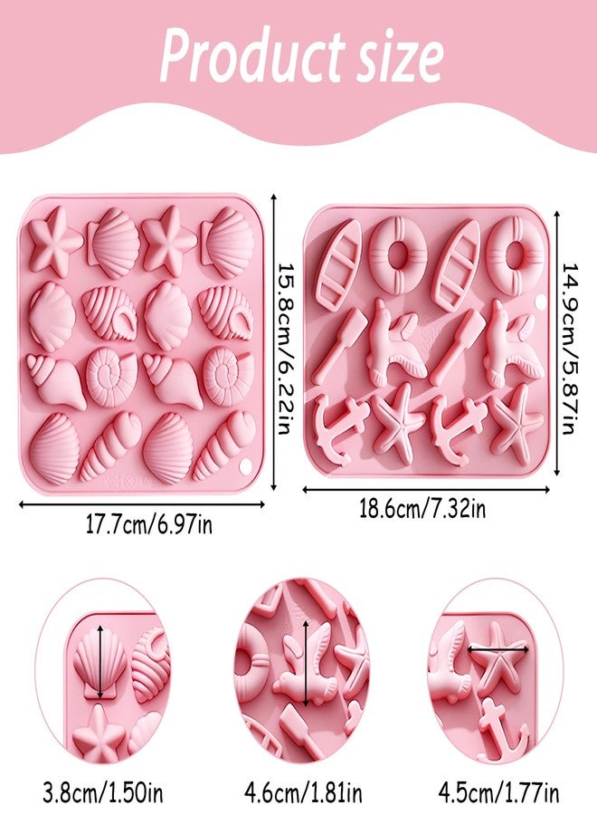 Fchil Seashell and Nautical Silicone Mold Set, 2 Pack Pink Ice Cube Trays with Starfish Anchor Shell Designs - Image 2