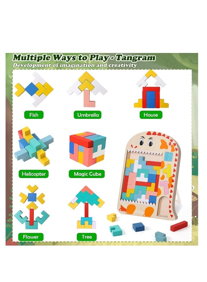 Wooden Tetris Puzzle, Tangram Brain Teaser Toy, Busy Board Wooden Toy, 3 in 1 Montessori Toys for 1-6 Years Old Kids, 3D Jigsaw Brick Puzzle, Developmental Toy, Educational Toy Gift for Boys Girls - Image 3
