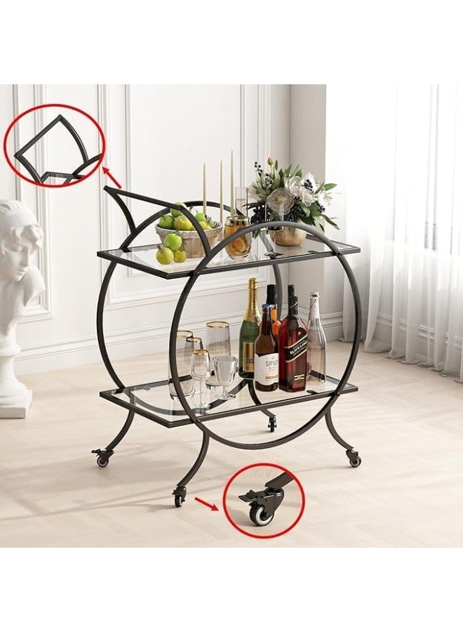 YINZUO YINZUO Tempered Clear Glass Black Bar Cart with Clear Shelves – Round Metal Frame Rolling Drink Serving Cart with Wheels for Home, Kitchen, Dining Room & Parties  - Image 5