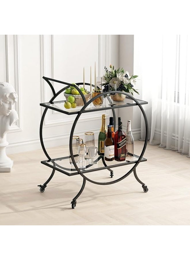 YINZUO YINZUO Tempered Clear Glass Black Bar Cart with Clear Shelves – Round Metal Frame Rolling Drink Serving Cart with Wheels for Home, Kitchen, Dining Room & Parties  - Image 1