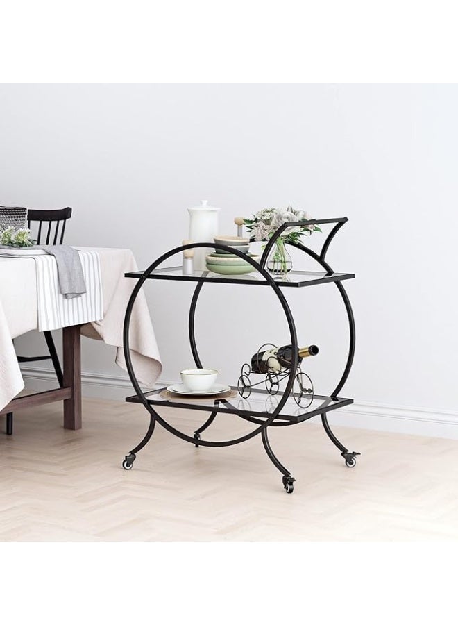 YINZUO YINZUO Tempered Clear Glass Black Bar Cart with Clear Shelves – Round Metal Frame Rolling Drink Serving Cart with Wheels for Home, Kitchen, Dining Room & Parties  - Image 3