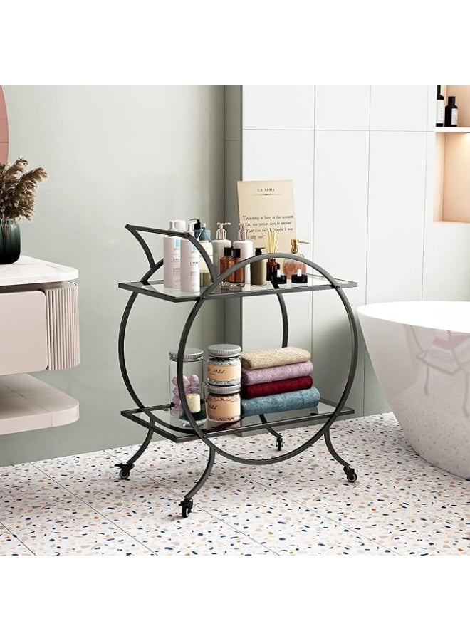 YINZUO YINZUO Tempered Clear Glass Black Bar Cart with Clear Shelves – Round Metal Frame Rolling Drink Serving Cart with Wheels for Home, Kitchen, Dining Room & Parties  - Image 2