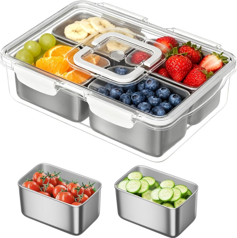 DAOTENGQL Stainless Steel Snackle Box, 4 Compartment Divided Serving Tray with Lid & Handle, Portable BPA-Free Snack Box for Fruits, Nuts & Veggies, Keep Food Fresh & Organized, Ideal for Travel,Picnic & Beach - Image 1