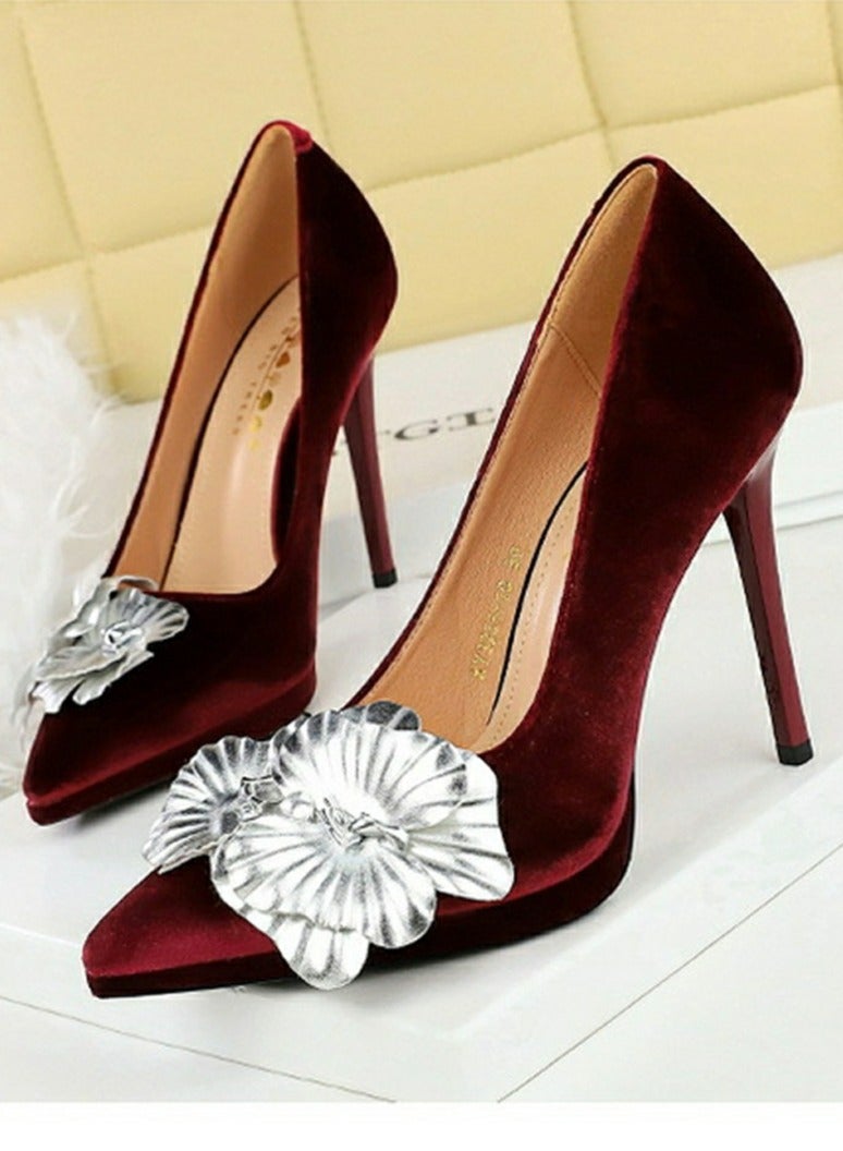 BIGTREE Women's Suede Closed Pointed Toe Stiletto Pump Floral Decoration Elegant High Heels Wine Red 11CM  - Image 1