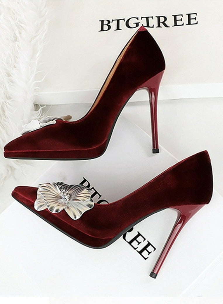 BIGTREE Women's Suede Closed Pointed Toe Stiletto Pump Floral Decoration Elegant High Heels Wine Red 11CM  - Image 3