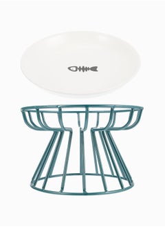 Y&D Pet Feeding Dish with Stand Ceramic Cat Bowl Raised Puppy Kitten Food Dispenser (Green)  - Image 1