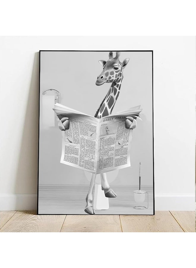 Home Trove Hmdkhi Animal Black White Wall Art Prints, Canvas Bathroom Picture Set Funny Elephant Zebra Penguins Giraffe Animal In The Bath Pictures Bathroom Decoration - Frameless (Giraffe, 40 X 60 Cm X 1 Piece)  - Image 2