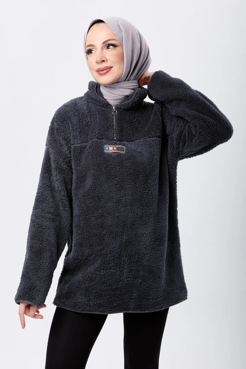 Tofisa 13083-ANTRASIT Half Zipper Plush Sweatshirt