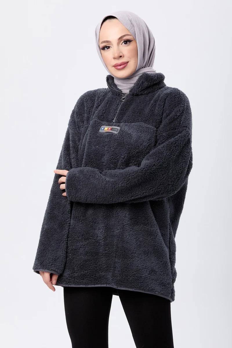 Tofisa 13083-ANTRASIT Half Zipper Plush Sweatshirt