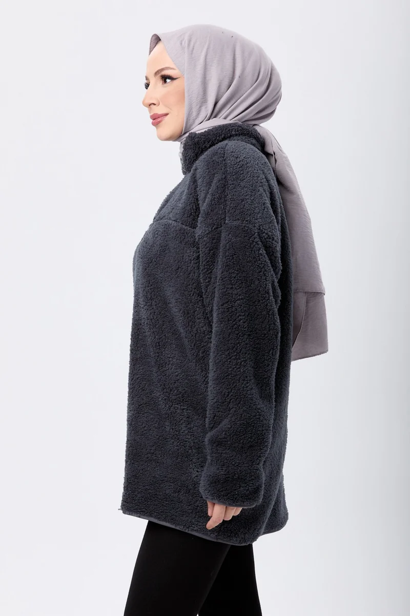 Tofisa 13083-ANTRASIT Half Zipper Plush Sweatshirt