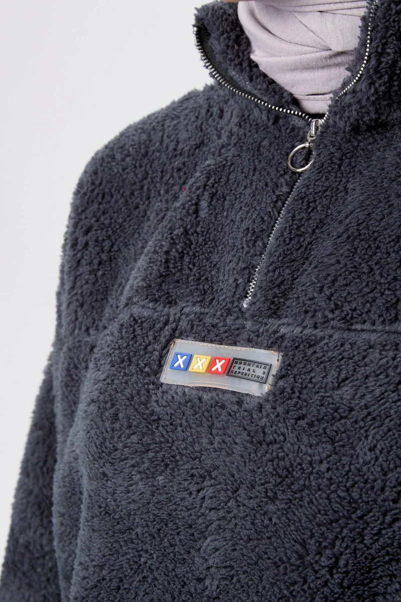 Tofisa 13083-ANTRASIT Half Zipper Plush Sweatshirt