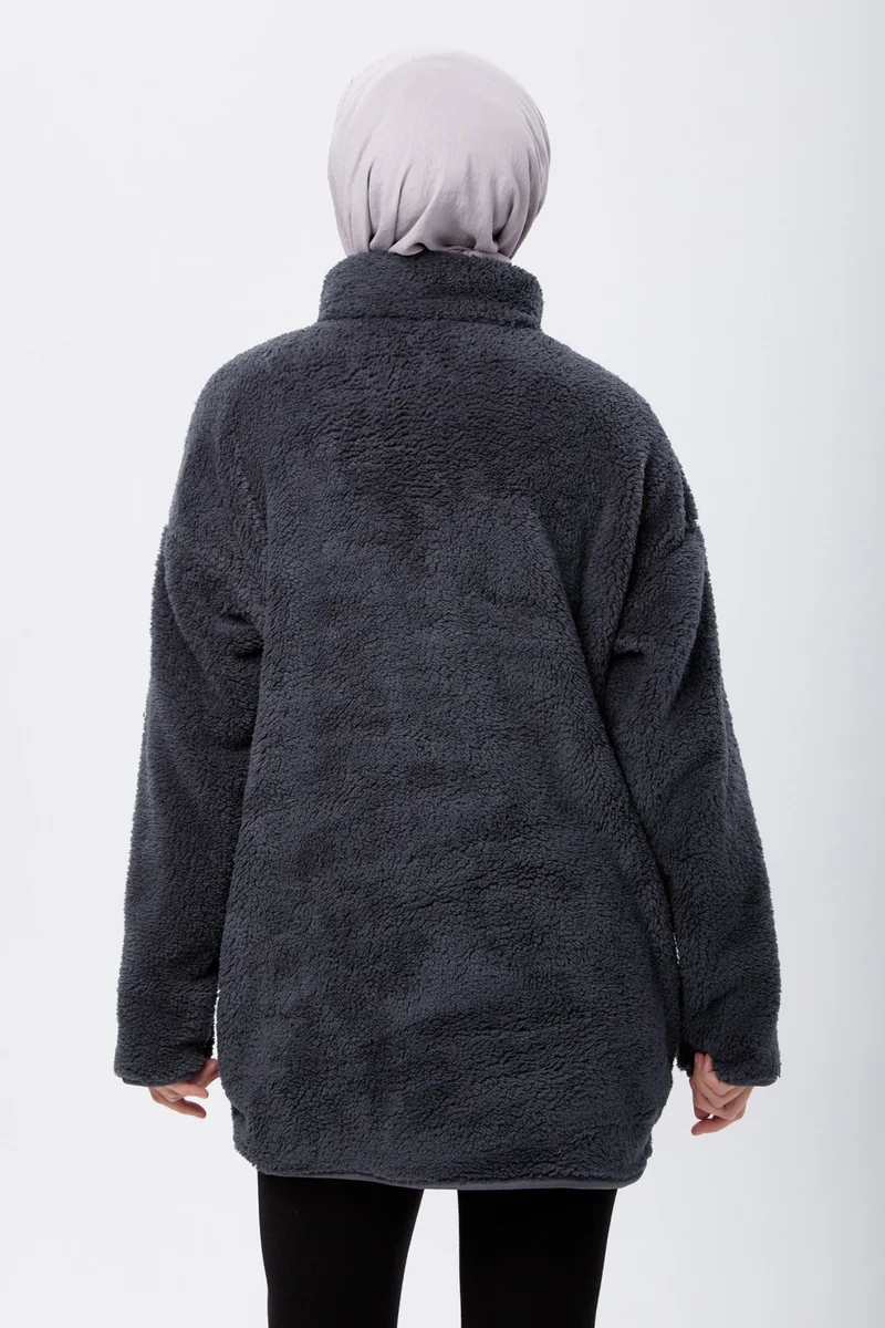 Tofisa 13083-ANTRASIT Half Zipper Plush Sweatshirt
