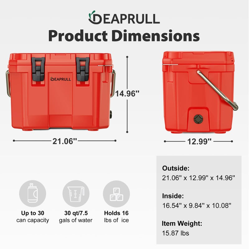 DEAPRULL 30 Quart Hard Cooler, Insulated Ice Chest Box Holds Ice for More Days, Portable Cooler with Handle, Cup Holders, Double Latches for Camping, Drink, Beverage, Beach, Picnic, Fishing, Boat, Barbecue - Image 2