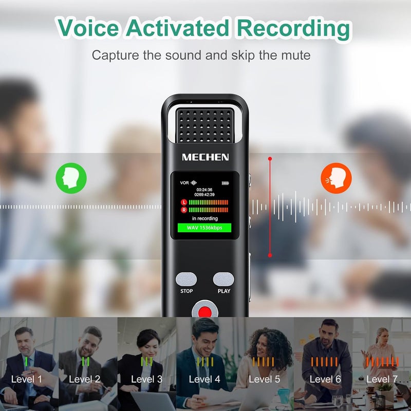 MECHEN Voice Recorder with Voice Activation - 64GB Digital Dictaphone, 7 Level Sensitivity Noise Reduction, USB C, 1536kbps, Music Playback, Microphone, Password, Ideal for Lectures Meetings Classes - Image 3
