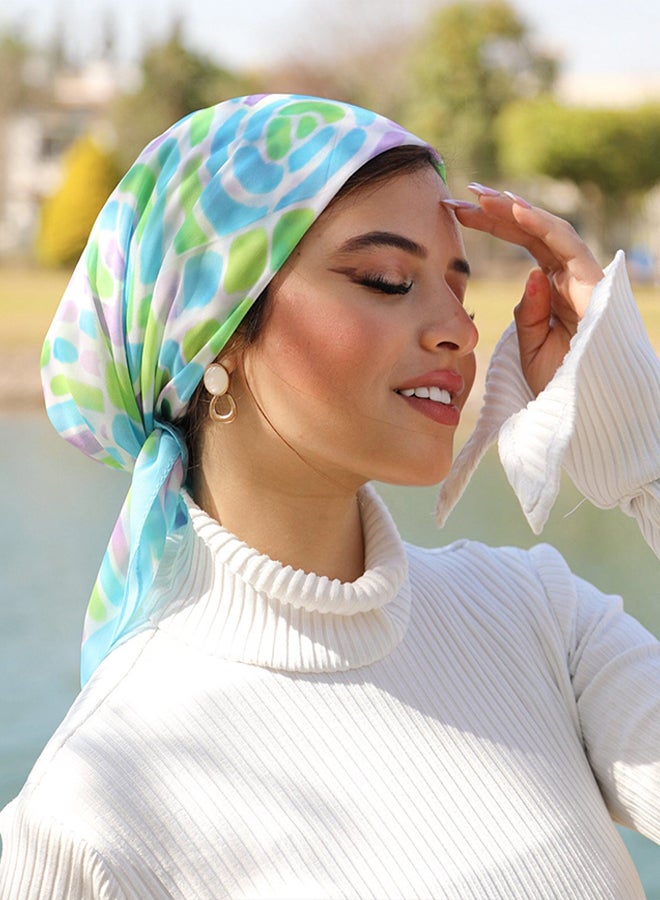 تاي شوب تاي شوب - إيشارب شيفون كريب مربع مطبوع - أخضر - أبيض - أزرق سماوي للنساء 