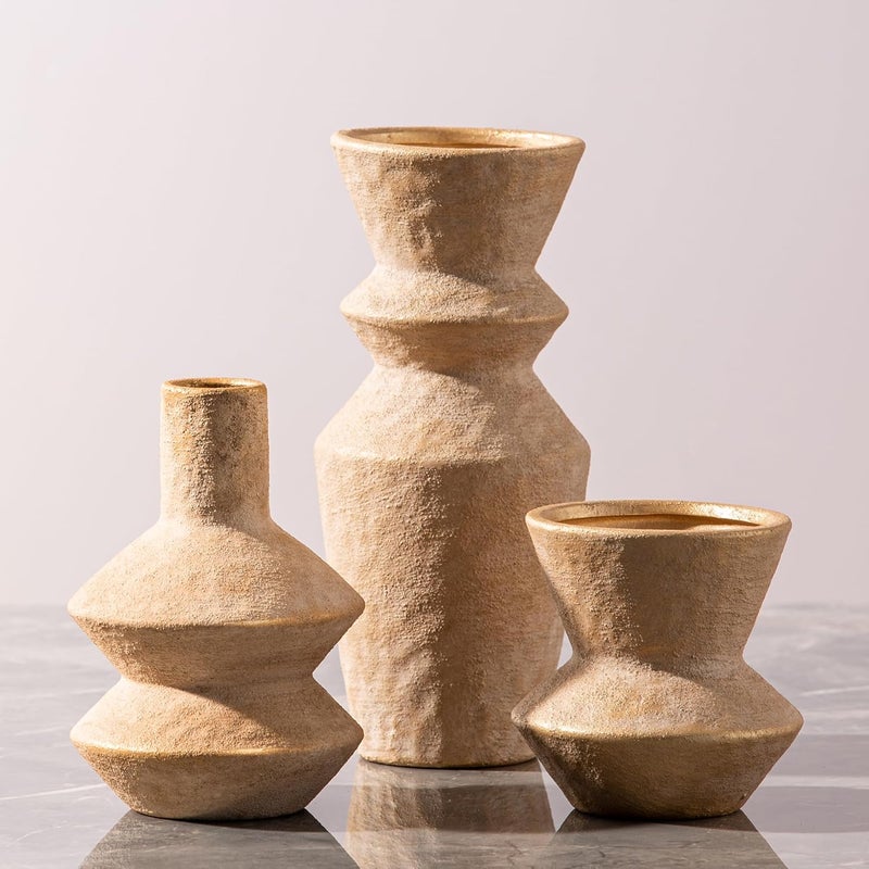 Vanselia Ceramic Vase Home Table Decor - Gold Flower Vase Set of 3 Living Room Kitchen Decorations Farmhouse Modern Rustic Vases Decorative Centerpiece for Shelf Bedroom Office Bathroom Dining Coffee Desk - Image 1
