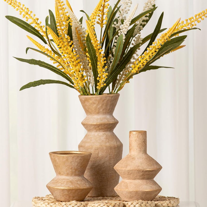 Vanselia Ceramic Vase Home Table Decor - Gold Flower Vase Set of 3 Living Room Kitchen Decorations Farmhouse Modern Rustic Vases Decorative Centerpiece for Shelf Bedroom Office Bathroom Dining Coffee Desk - Image 3