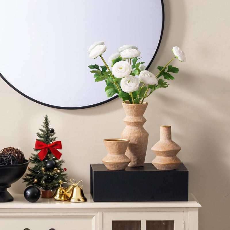 Vanselia Ceramic Vase Home Table Decor - Gold Flower Vase Set of 3 Living Room Kitchen Decorations Farmhouse Modern Rustic Vases Decorative Centerpiece for Shelf Bedroom Office Bathroom Dining Coffee Desk - Image 5