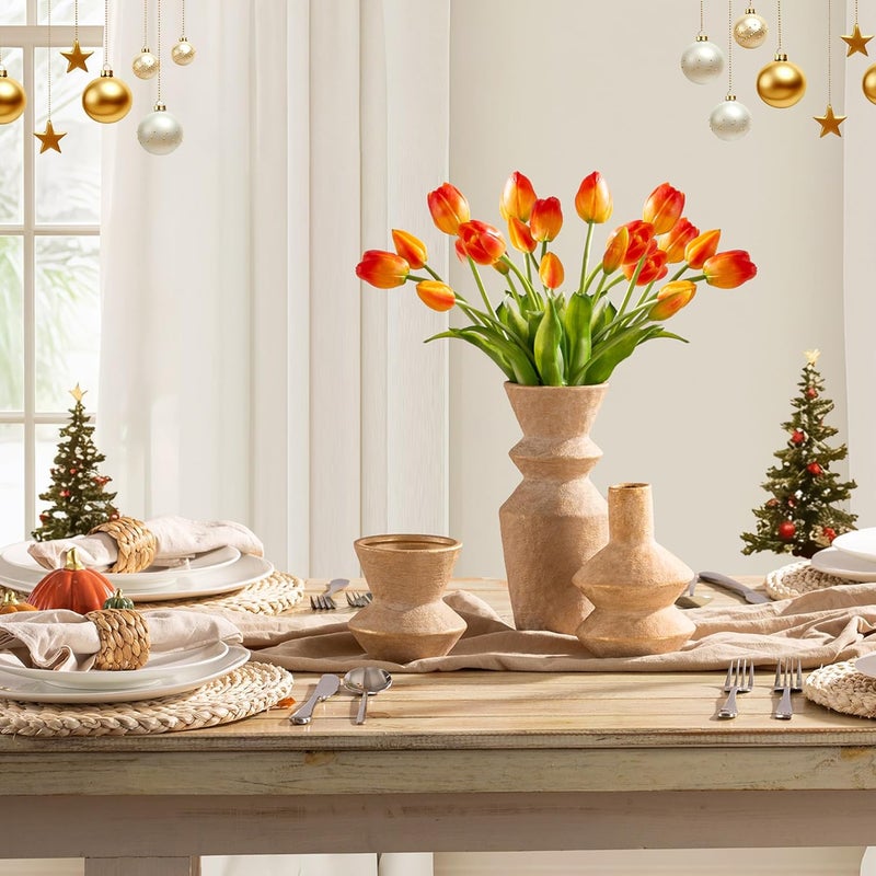 Vanselia Ceramic Vase Home Table Decor - Gold Flower Vase Set of 3 Living Room Kitchen Decorations Farmhouse Modern Rustic Vases Decorative Centerpiece for Shelf Bedroom Office Bathroom Dining Coffee Desk - Image 4