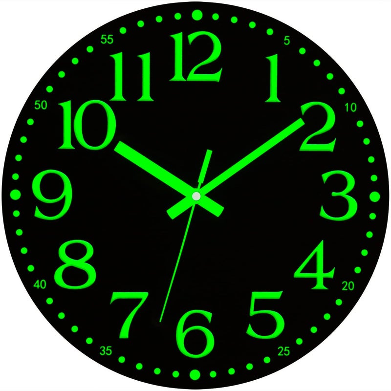 Warminn Wall Clock 12 inch Glow in The Dark Wall Clocks Battery Operated Black Wood Silent Wall Clock NonTicking Analog Luminous Clock for Living Room Bedroom Office Kitchen Classroom Bathroom