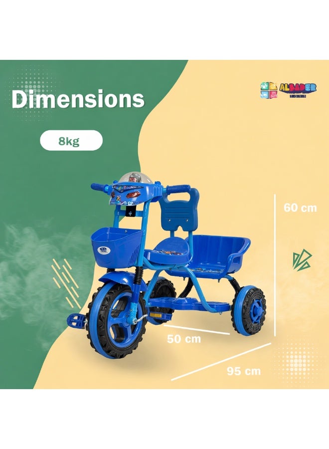 AL BADER Kids Balance Bike Kids Tricycles for 2-6 Years, Three Wheel Tricycle For Toddlers with Two Seats for 2 Children, 3 Wheel Baby Bicycle With Basket, Toddlers Trike With Music and Lights, Blue - Image 4