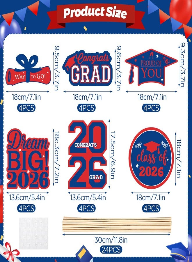 LUUFILx 2026 Graduation Centerpieces Sticks Red Blue Graduation Party Decorations 24 Pcs Class of 2026 Table Centerpiece Topper Decor Grad Party Supplies for College Preschool Primary High School - Image 3