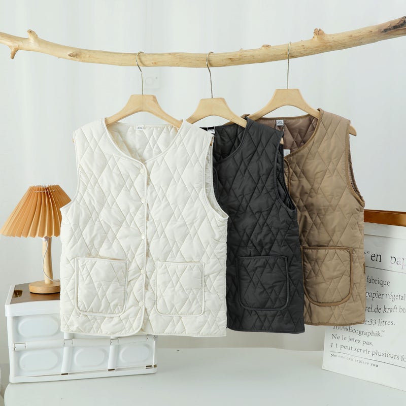 502 Interlaced Rhombus Cotton Vest Manufacturer Light And Warm Cotton Vest Loose And Slimming Look - Image 3