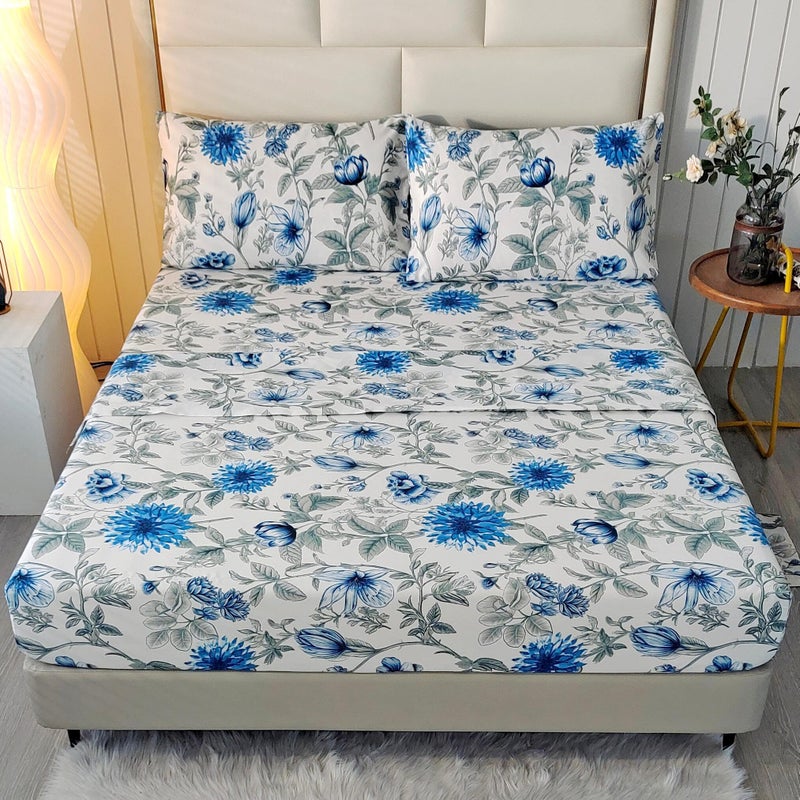 SDIII 4PCS Blue Floral Queen Sheets Set, Soft Microfiber Floral Sheets Queen Size Deep Pocket, Botanical Vintage Blue Flower Bed Sheet Set - Image 1