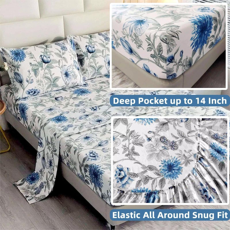 SDIII 4PCS Blue Floral Queen Sheets Set, Soft Microfiber Floral Sheets Queen Size Deep Pocket, Botanical Vintage Blue Flower Bed Sheet Set - Image 3