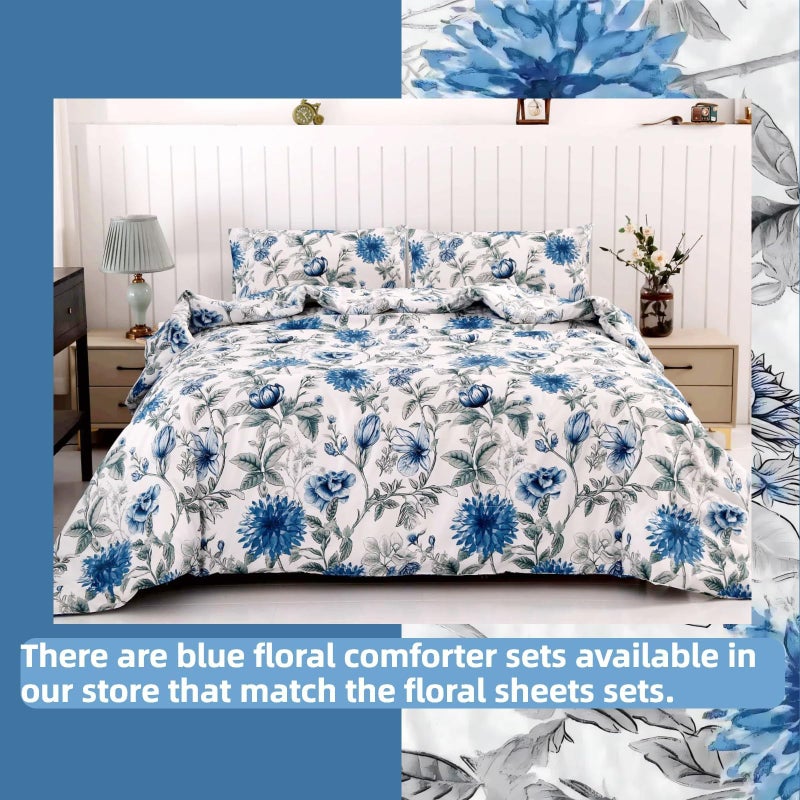 SDIII 4PCS Blue Floral Queen Sheets Set, Soft Microfiber Floral Sheets Queen Size Deep Pocket, Botanical Vintage Blue Flower Bed Sheet Set - Image 4