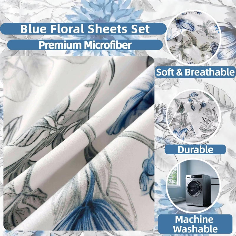 SDIII 4PCS Blue Floral Queen Sheets Set, Soft Microfiber Floral Sheets Queen Size Deep Pocket, Botanical Vintage Blue Flower Bed Sheet Set - Image 2