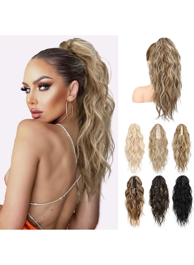 لوناي وصلات ذيل الحصان، وصلات ذيل الحصان بمشبك مخالب مموج بطول 18 بوصة Zj001 وصلات شعر ذيل حصان مجعدة ومموجة بطول الكتف، وصلات شعر ذيل حصان صناعية وهمية - أشقر غامق مع خصلات أشقر بيضاء - Image 1