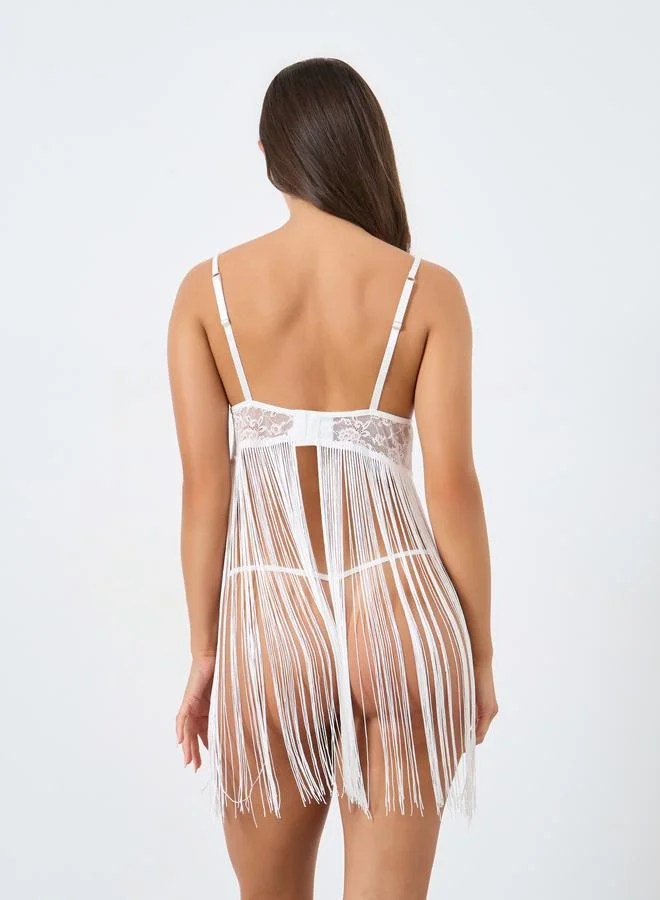 Take Two  Women Lace Top Wireless Tassel Cami Dress with Thong Set for Women | Best Price UAE