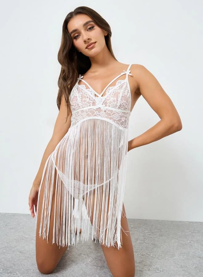 Take Two Women Lace Top Wireless Tassel Cami Dress with Thong Set