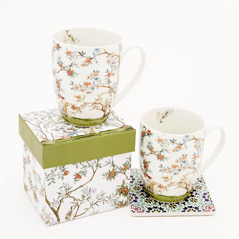 ALYC Fine China Coffee Mug Set â€“ Bird and Branch Flower Teacup Design â€“ 2Pack Porcelain Tea Cups with Gift Box (Bullet 12OZ) - Image 3