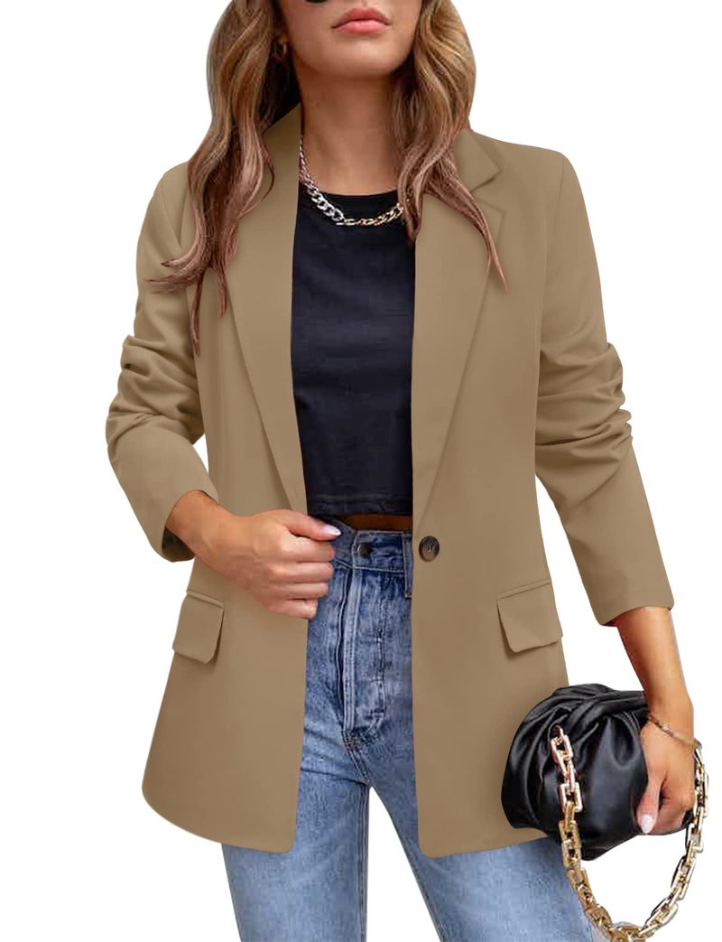 CRAZY GRID Womens Casual Blazer Long Sleeve Business Suit Jacket Open Front Button Work Office Blazer Jacket Fashion Dressy Ladies Blazer Khaki L - Image 1