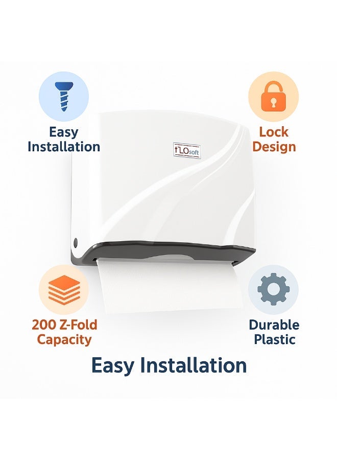 فلوسوفت موزع مناديل ورقية معلق على الحائط – سعة 200 منديل Z-Fold، بلاستيك يدوي بقفل بمفتاح للحمام والمطبخ والمكتب - Image 4