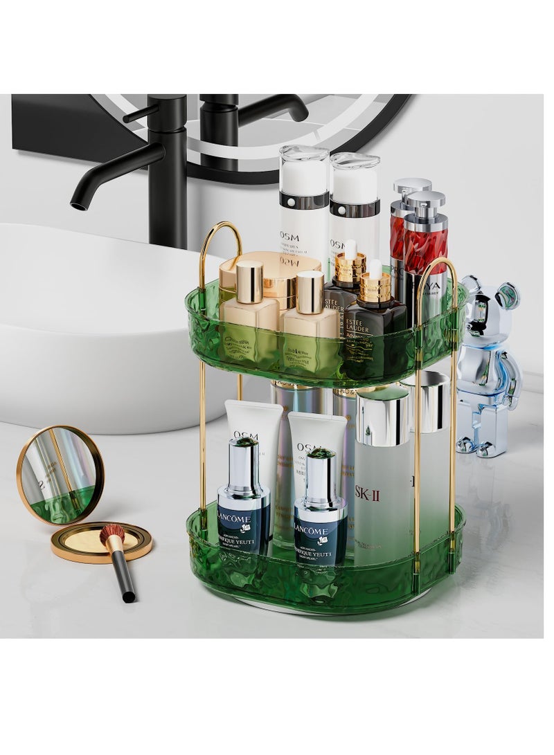 360 Degree Rotating Makeup Organizer with Perfume Holder Stylish Green Two Tier Design for Jewelry and Makeup Storage - Image 1