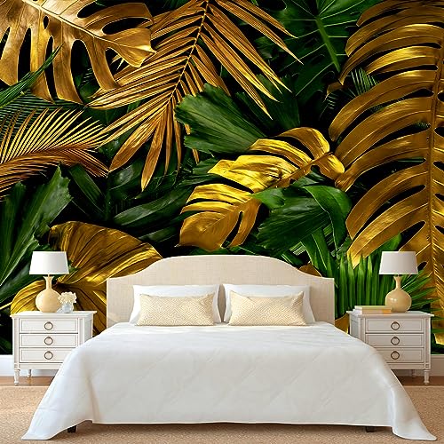 WFBHUAGold and Green Tropical Jungle Palm Leaf Wallpaper Mural Monstera Wall Mural for Living Room Bedroom Not Peel and Stick - Image 1