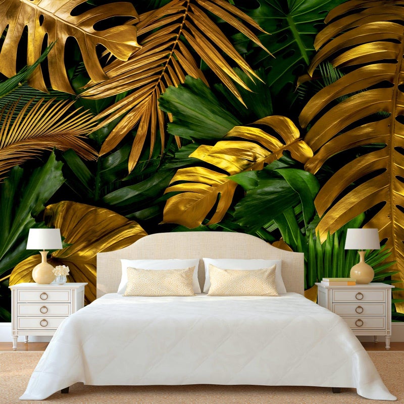 WFBHUAGold and Green Tropical Jungle Palm Leaf Wallpaper Mural Monstera Wall Mural for Living Room Bedroom Not Peel and Stick - Image 2