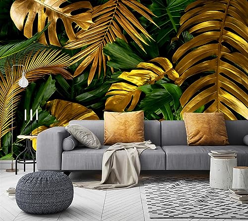 WFBHUAGold and Green Tropical Jungle Palm Leaf Wallpaper Mural Monstera Wall Mural for Living Room Bedroom Not Peel and Stick - Image 3