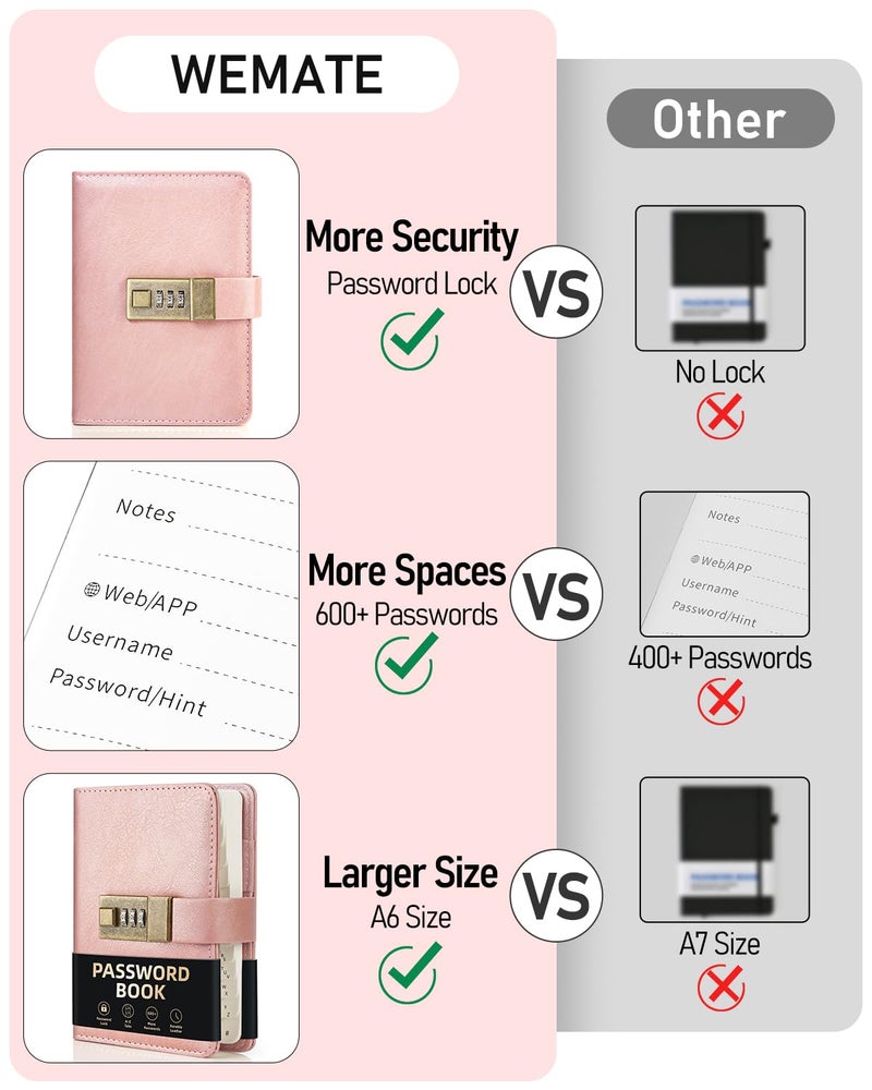 WEMATE Password Book with Lock, Password Book with Alphabetical Tabs 600+ Password Space,Password Organizer Logbook with Lock, Password Keeper for Computer & Website Logins 4.33 X 6.18 Inch Rose Gold - Image 4