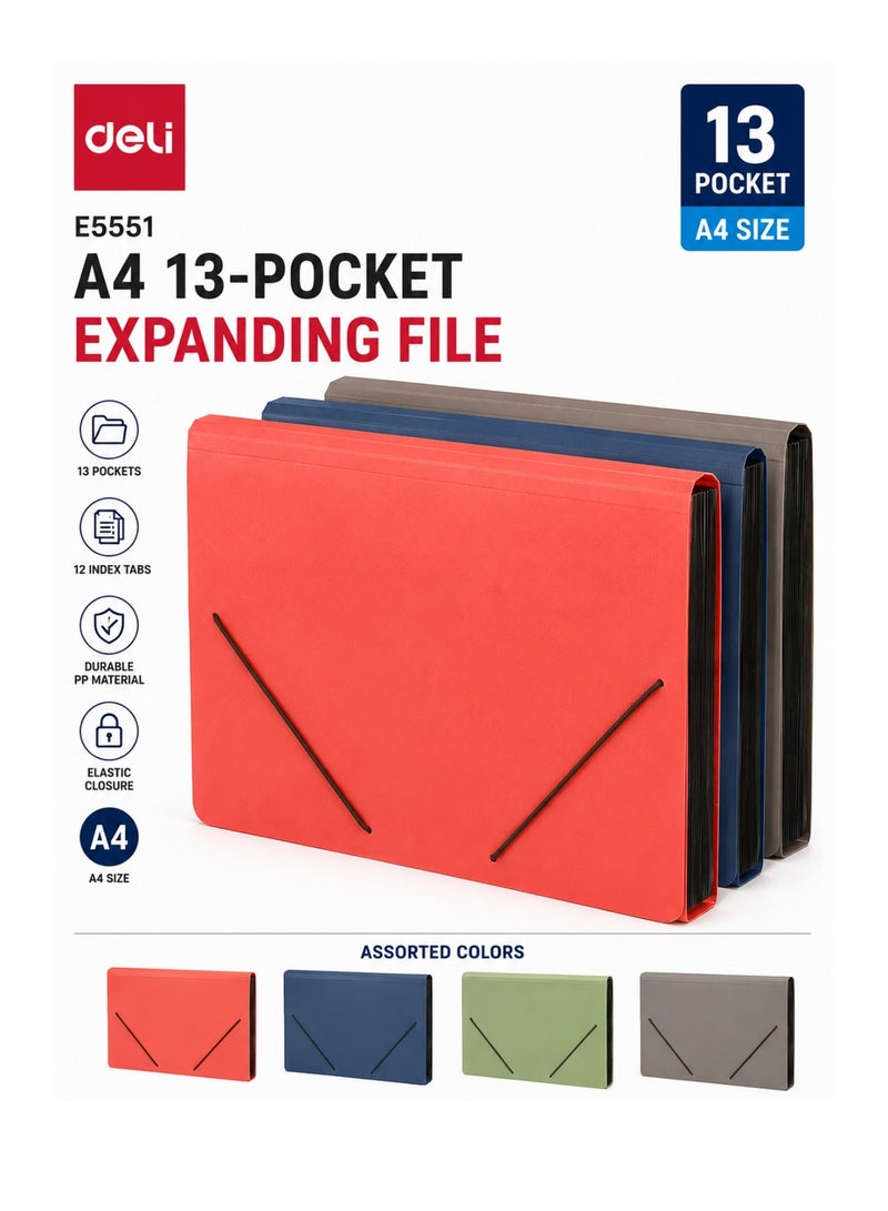 Deli 1-Piece A4 Size Expanding File With Elastic Closure Assorted Colours - Image 1