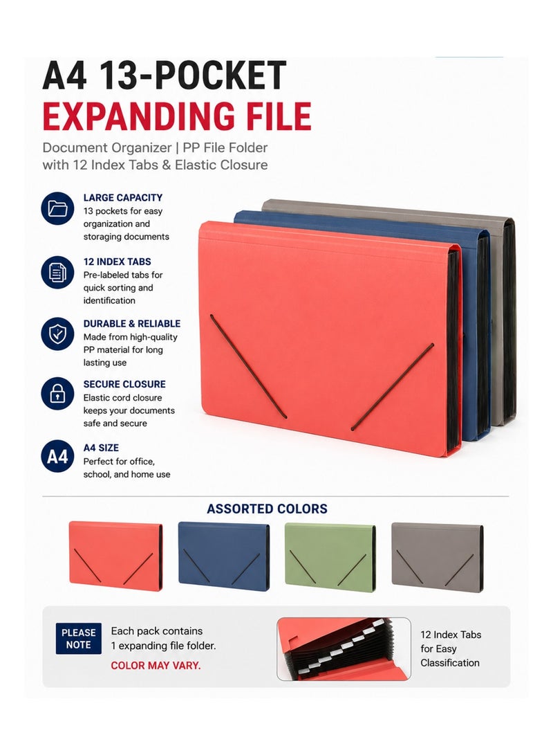 Deli 1-Piece A4 Size Expanding File With Elastic Closure Assorted Colours - Image 2