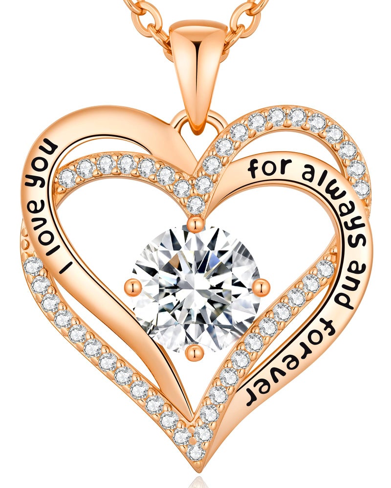 CDE Forever Love Heart Birthstone Necklace for Women, Double Heart Pendant with AAAAA Cubic Zirconia, Romantic Jewelry Gift for Wife Girlfriend Mom, Anniversary Birthday Motherâ€™s Day Valentines Day (Brass Rose Gold, Rose Gold-04-Apr) - Image 1