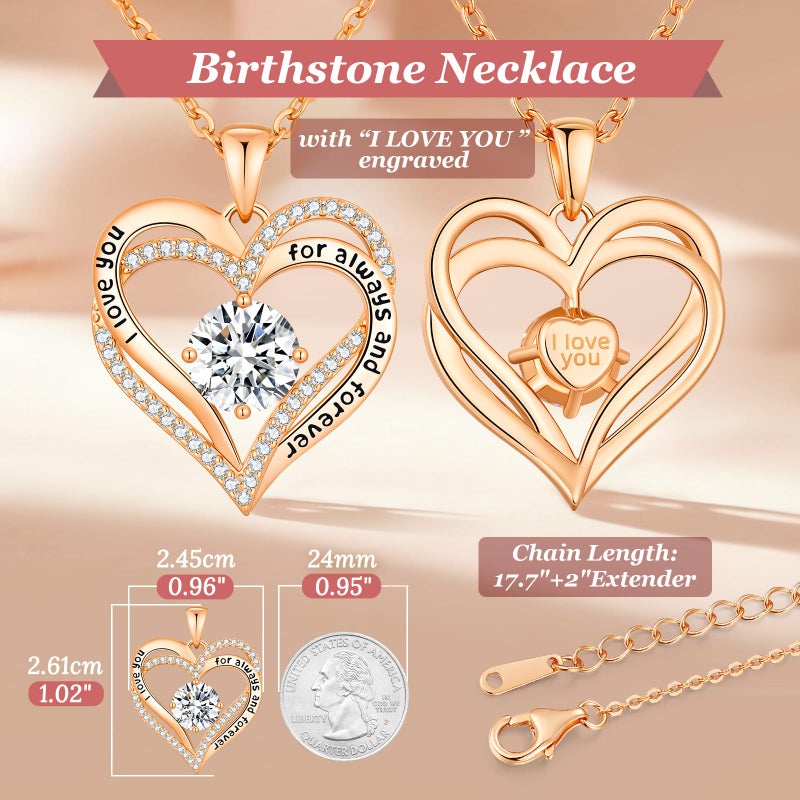 CDE Forever Love Heart Birthstone Necklace for Women, Double Heart Pendant with AAAAA Cubic Zirconia, Romantic Jewelry Gift for Wife Girlfriend Mom, Anniversary Birthday Motherâ€™s Day Valentines Day (Brass Rose Gold, Rose Gold-04-Apr) - Image 5