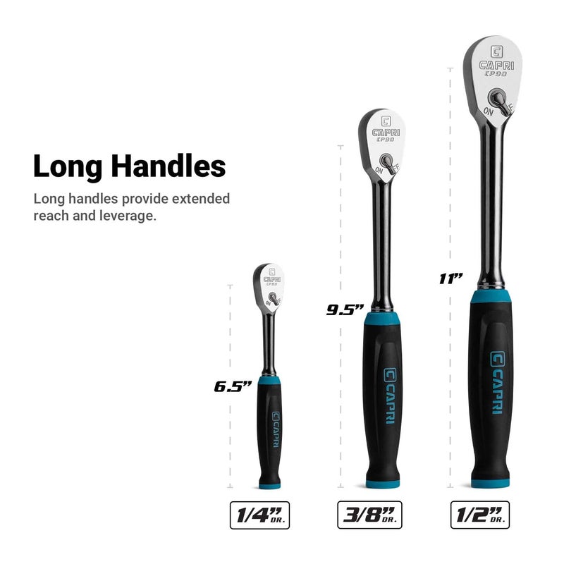 Capri Tools Fine 90-Tooth Ratchet Set, Ergonomic Soft Grip, 1/4, 3/8, 1/2 in. Drive, 3-Piece - Image 2