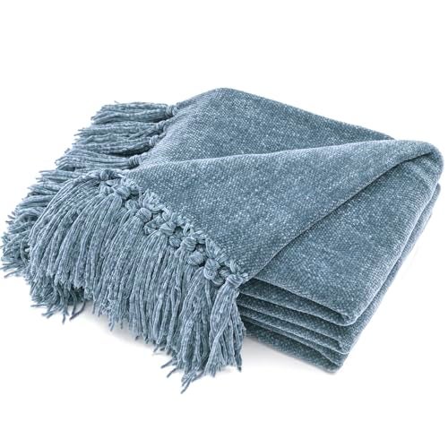 RECYCO Throw Blanket Soft Cozy Chenille Throw Blanket with Fringe Tassel for Couch Sofa Chair Bed Living Room Gift (Dusty Blue, 50'' x 60'') - Image 1