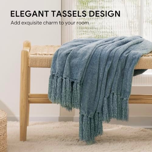 RECYCO Throw Blanket Soft Cozy Chenille Throw Blanket with Fringe Tassel for Couch Sofa Chair Bed Living Room Gift (Dusty Blue, 50'' x 60'') - Image 2