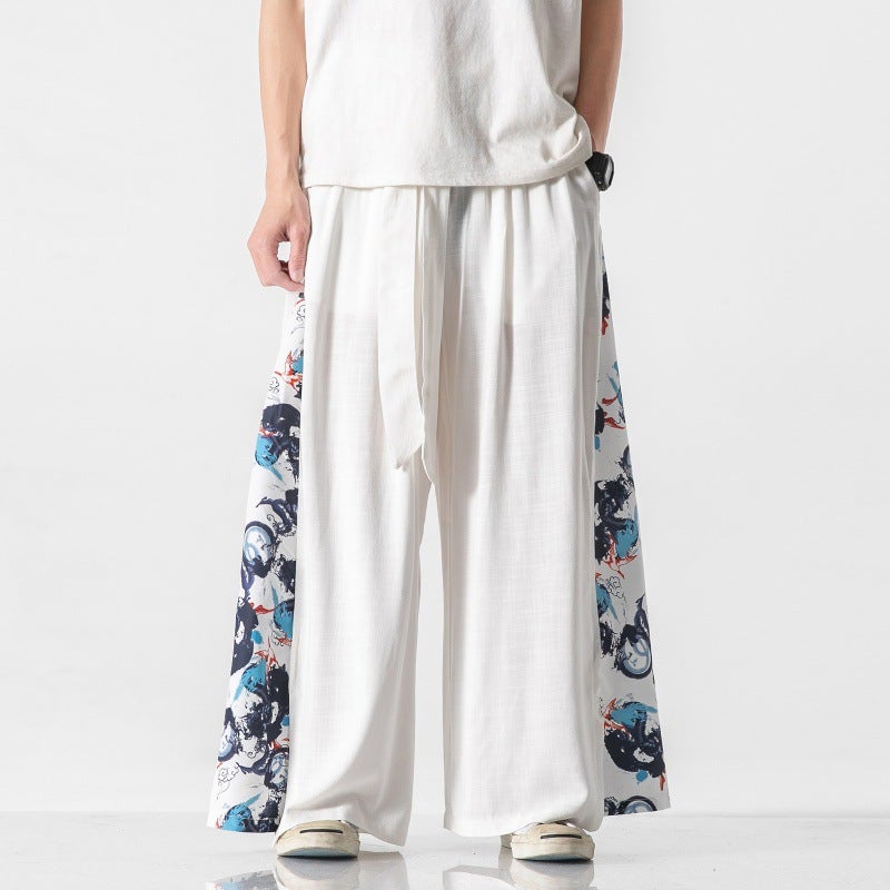 Chinese Style Cotton Linen Crane Printed Wide-legged Pants Mens Hanfu Tang Suit Ancient Costume Performance Costume Antique Fairy Elegant Culottes White Dragon